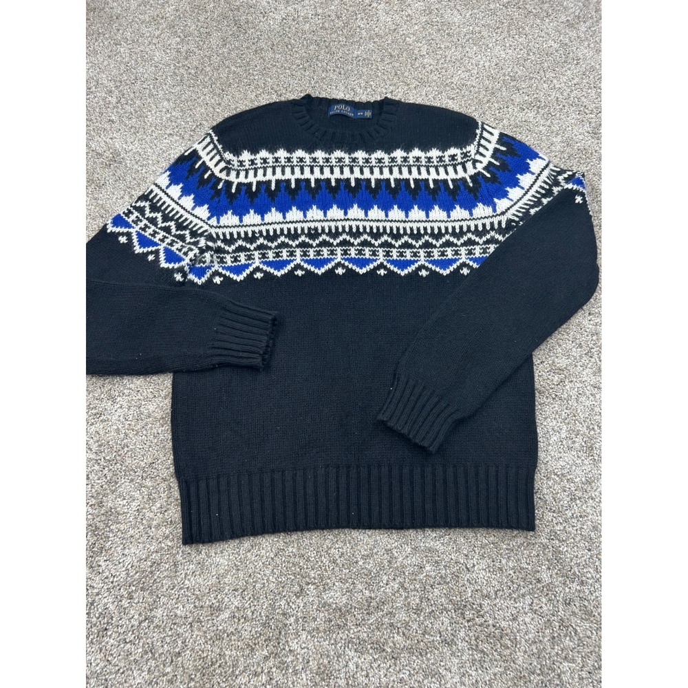Polo Ralph Lauren Mens Medium Black Blue Fair Isle Cashmere Angora Sweater #0846